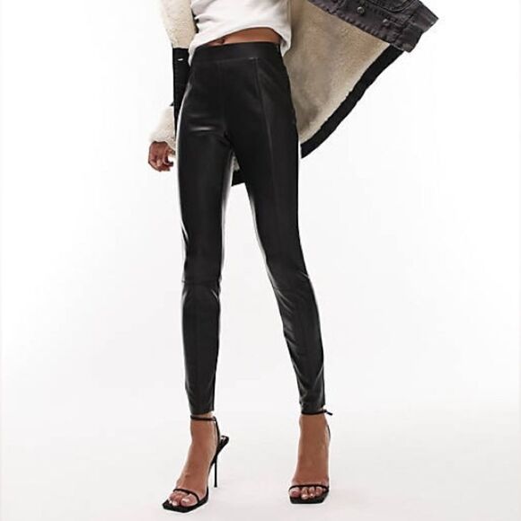 Topshop Black Leather Side Zipper Straight Leg Leggings Women's Size 4 - Picture 1 of 12